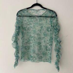 Zara Green Floral Mesh Top with Ruched Sleeves